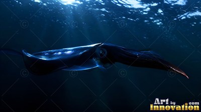A dark blue squid glides under light beams in deep water