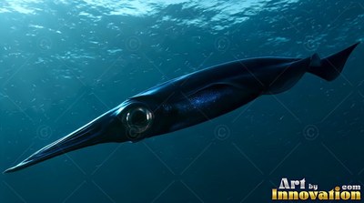 A round glass eye leads a dark squid swimming forward in dark blue ocean water