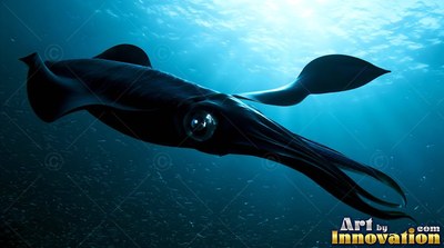 A black squid glides through rich blue sea beneath bright sunlight from the surface