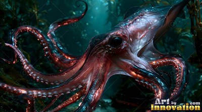 A reddish octopus spreads its long suckered tentacles under deep blue ocean water
