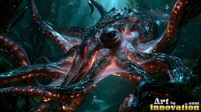 In a dark kelp forest, a large squid spreads its pink and black arms