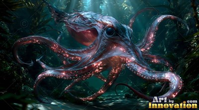 Drifting through shadowy water, an octopus curls pink tentacles lined with pale lights