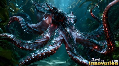 Dark octopus with red suckers spreading tentacles in deep water