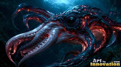 Dark ridged skin covers a squid with red cracks under its dark sea water