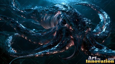 A dark squid travels through deep sea water with orange light shining along its tentacles