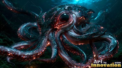 Facing forward in dark deep water, an octopus curls thick tentacles with red rims