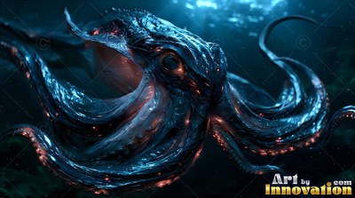 A dark octopus swims through deep blue water with its tentacles curled up around it