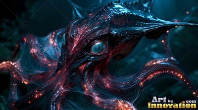 In the dark ocean depths, a black and red squid glides forward with bright specks