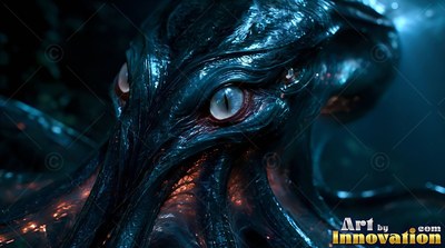 Staring forward in the dark deep, a dark blue squid reveals pale round eyes