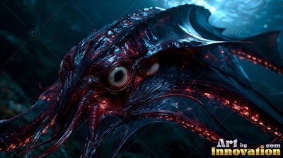 Dark red deep sea squid gliding in dim blue ocean water