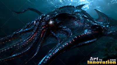 Pale round eyes stare from a black spiky squid swimming through dark blue water