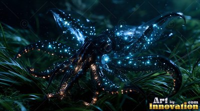 A dark squid rests on sea grass with bright blue specks shining along its arms