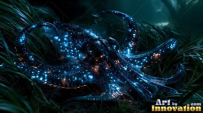 Curled over dark seagrass, an octopus shines with tiny blue lights