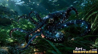 A spotted dark octopus rests on green sea grass under soft light