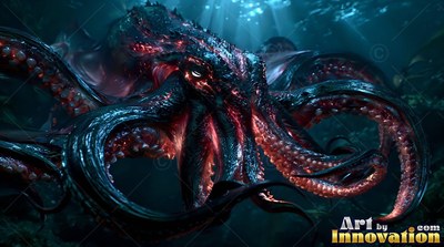 Floating under sunlight, a black octopus curls its red tentacles in deep water