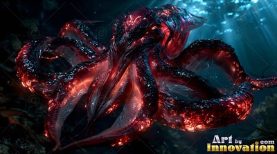 Red and black squid gliding in deep dim water