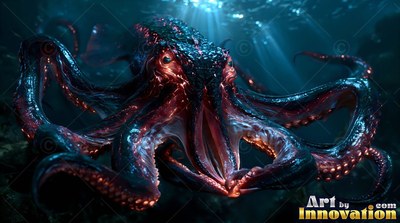 Spreading red and black arms, a giant squid floats in dark blue sea water under faint sunbeams