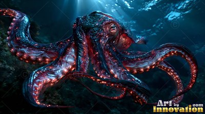 An octopus spreads its tentacles wide under murky water lit by red suction cups