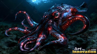 Resting flat on the dark seabed, a black squid spreads red arms