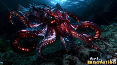A dark red squid rests on the sea floor with lit suckers and curled tentacles