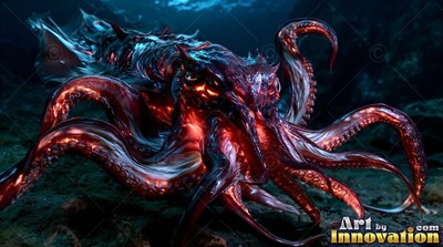 In dark ocean depths, a red and black squid spreads its long arms along the seabed