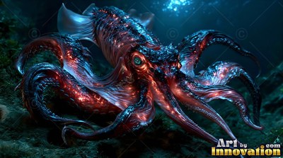 Spreading its arms along the dark sea floor, a red and blue squid stares forward