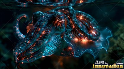 Cuttlefish swimming in dim water with bright orange spots