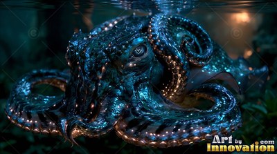 Curled tentacles with bright suckers circle a dark blue squid resting underwater