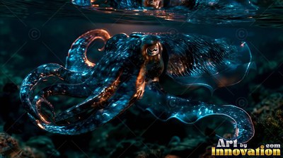Facing forward, a dark blue cuttlefish drifts beneath the water surface