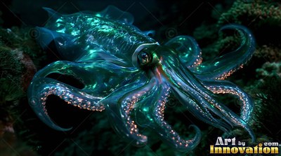 In dark water near a reef, a shiny green squid spreads its tentacled arms