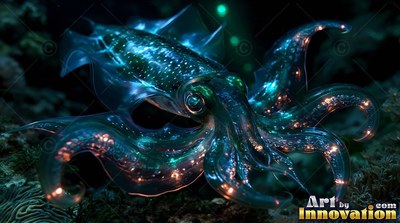 Swimming near the seafloor, a translucent squid shines with blue and orange spots