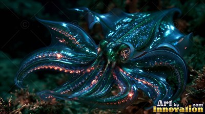 A shiny blue squid spreads its tentacles over a dark seabed