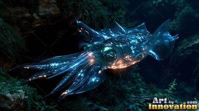 Glassy blue skin shines on a translucent squid cruising in dark ocean water