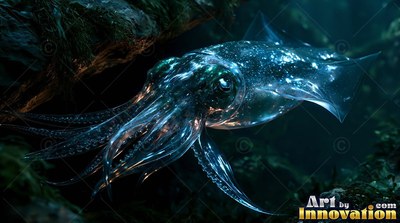 A clear squid drifts through deep dark water, speckled with tiny bright blue spots