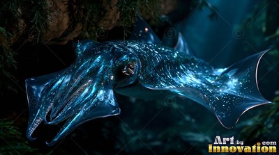 Angled forward, a spotted blue squid glides across dark deep-sea waters