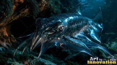 A shiny blue squid drifts over the dark ocean floor with its tentacles curled up