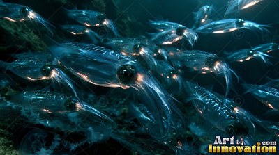 In dark ocean water, a school of transparent squid swim together with bright spots