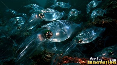 Swimming through dim water, transparent glass squid drift above sea rocks