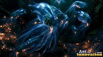 Translucent squid swim through dark water near bright spots of light