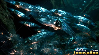 Large round eyes on clear blue squid swimming together through deep murky water
