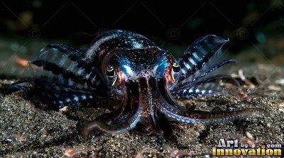 On the dark sea floor, a small squid rests with striped fins flared wide