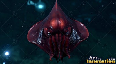 In dark deep water, a red vampire squid floats facing forward