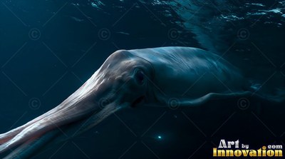 A pale squid travels forward in dark ocean water
