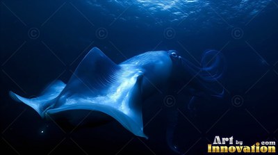Broad pale blue fins ripple along a squid swimming through dim deep water
