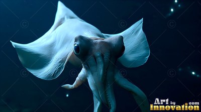 A pale squid moves forward with flared fins in the dark blue sea