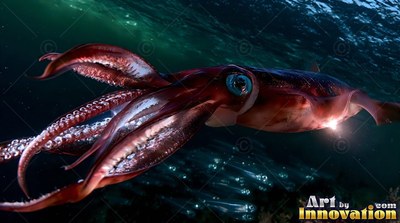 A red squid swims through dark water with its tentacles curled forward