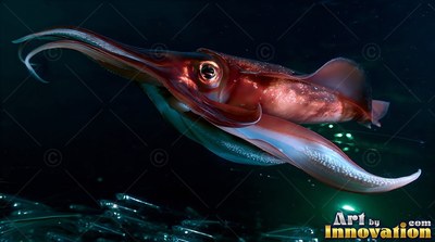In the dark ocean depths, a reddish squid swims with wide arms curved forward