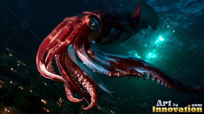 Gliding through dim ocean water, a red squid curls its suction-cupped arms