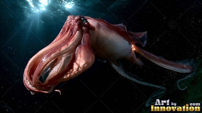 Curled reddish-pink arms trail behind a large squid cruising in dark ocean water under sunlight