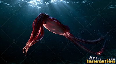A red giant squid glides downward through dark water under pale sunbeams from above